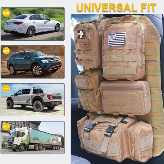 Universal Tactical Seat Back Organizer Vehicle Molle Panel Organizer Storage Bag with 5 Detachable Molle Pouch for All Vehicel Such as Jeep (Upgraded-B-Khaki)