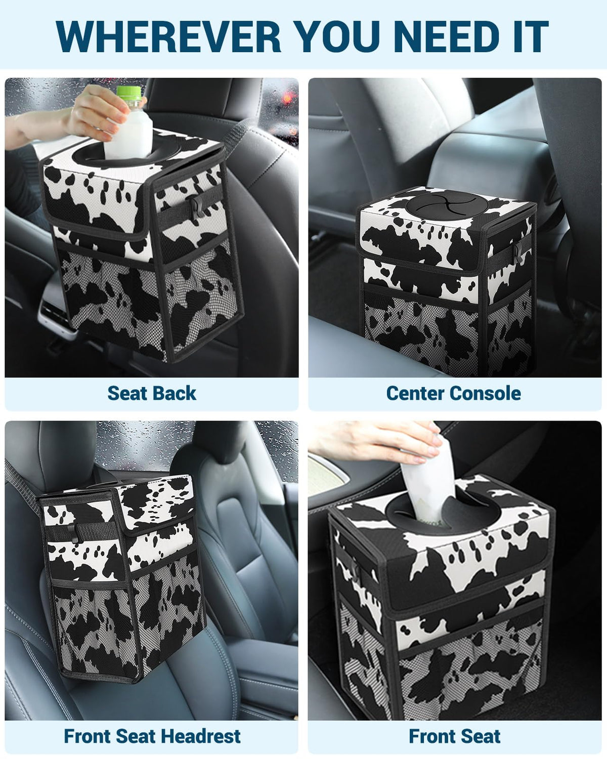 Car Trash Can with Lid (Cow Print / 2.5 Gallons)