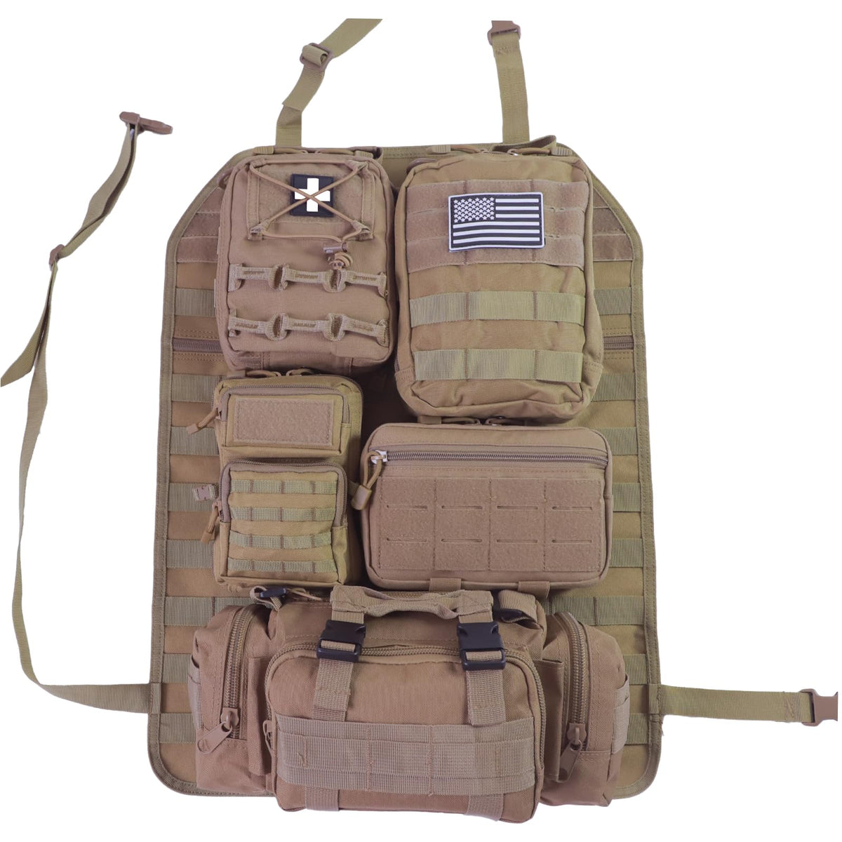 Universal Tactical Seat Back Organizer Vehicle Molle Panel Organizer Storage Bag with 5 Detachable Molle Pouch for All Vehicel Such as Jeep (Upgraded-B-Khaki)