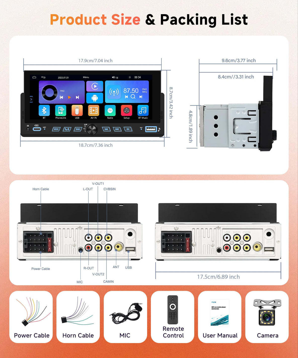 6.86" Single Din Car Stereo with Wireless CarPlay and Android Auto