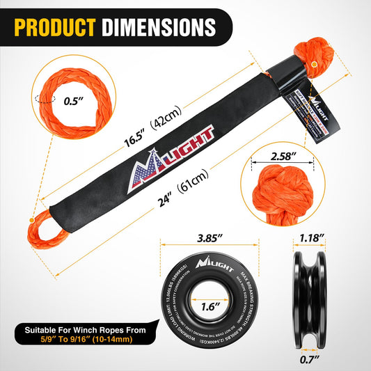 2PCS Synthetic Soft Shackle 1 (2Pcs 1/2in x 24in Soft Shackles Orange + 1Pc Snatch Ring Black)