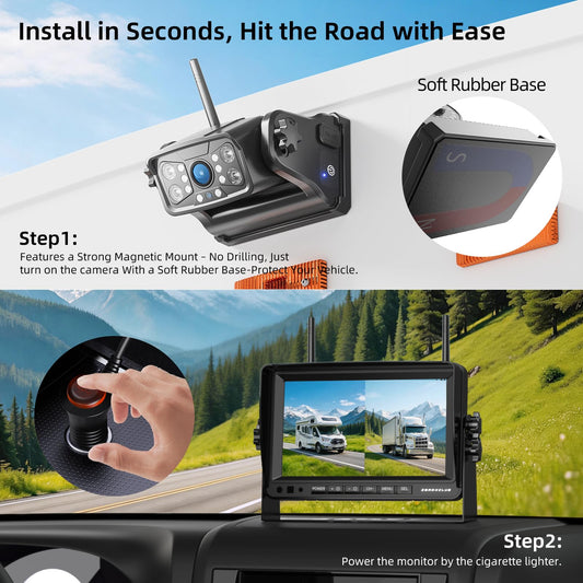 2 Camera 7" 1080P Magnetic Solar Wireless Backup Camera System (Jet Black)