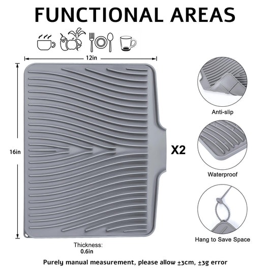 Silicone Dish Drying Mat for Kitchen Counter (Grey-2pcs / 16" x 12")