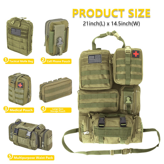 Universal Tactical Seat Back Organizer Vehicle Molle Panel Organizer Storage Bag with 5 Detachable Molle Pouch for All Vehicel Such as Jeep (A model-Military Green)