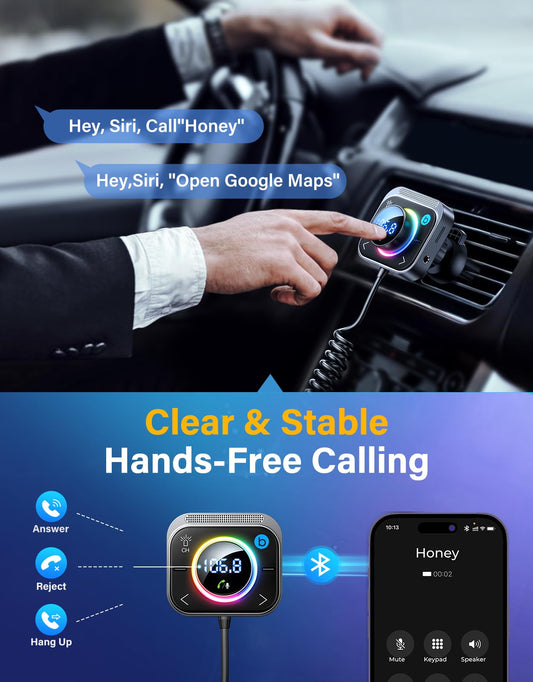 Bluetooth Car Adapter FM & AUX HiFi Bass Fast Charging (Black)