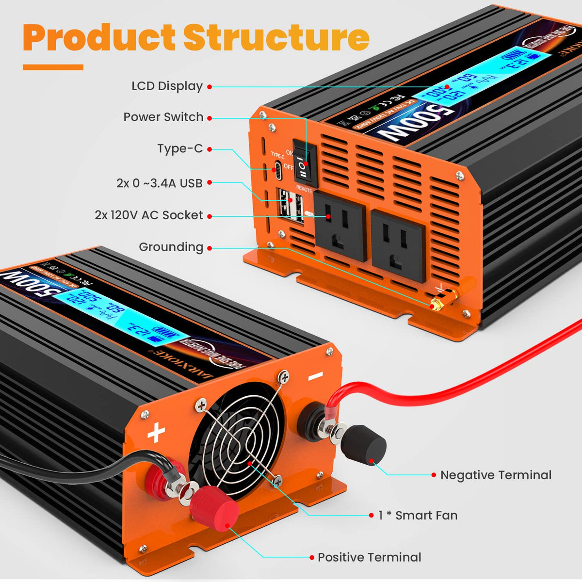 500 Watt Pure Sine Wave Power Inverter 12V DC to 110V 120V