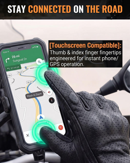 Men's Goatskin Leather Touchscreen Motorcycle Gloves Black (Perforated / XX-Large)