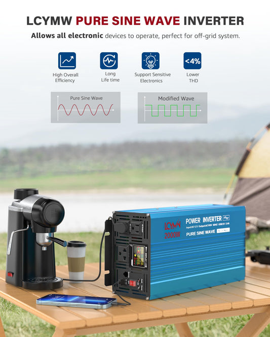 2000W Pure Sine Wave Inverter DC 12V to 110V (Blue / 2000W)