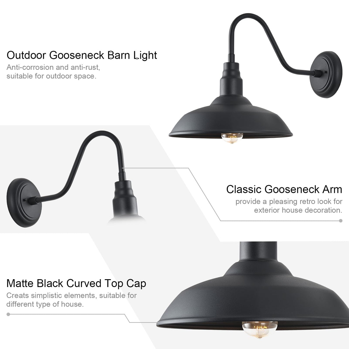 14 Inch Outdoor Gooseneck Light Fixture for Porch (Matte Black / 14" Dome)