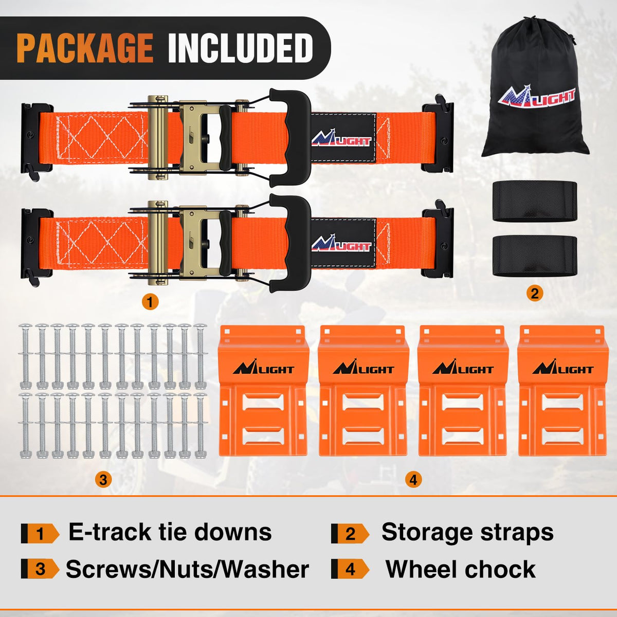 Wheel Chock Tie Down Kit with 2Pcs E Track Ratchet Straps (2Pcs E-Track Ratchet Straps + 4Pcs Wheel Chock)