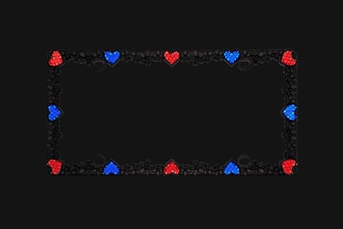 3D Daisy Heart License Plate Frame from Pure Zinc Alloy Metal Perfect Plate Holder (Matt Black with Blue and Red Reflective Heart)