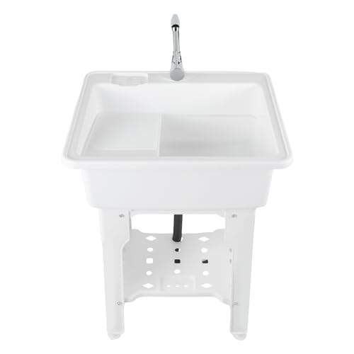 Freestanding Utility Sink Plastic Laundry Sink Spacious Laundry Tub Sink with Storage Shelf Indoor Outdoor Slop Sink Wash Station for Bathroom Laundry Washing Room (B / White-25.6*21.65*31.5in)