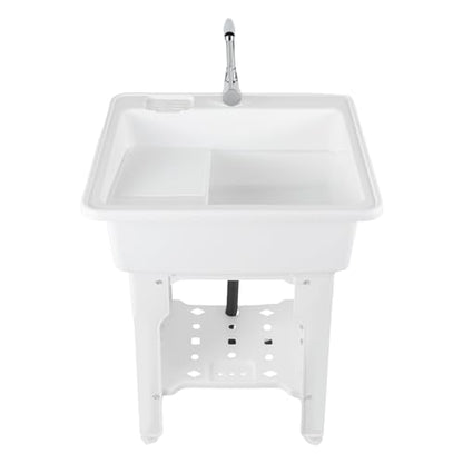 Freestanding Utility Sink Plastic Laundry Sink Spacious Laundry Tub Sink with Storage Shelf Indoor Outdoor Slop Sink Wash Station for Bathroom Laundry Washing Room (B / White-25.6*21.65*31.5in)