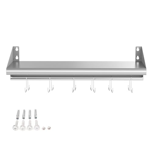 12"x36" Stainless Steel Wall Mount Floating Shelving with 6 Hooks (12" x 36" / 1 Piece)