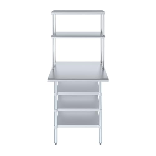 24" x 30" Stainless Steel Work Table with 3 Shelves and 12" Wide Double Tier Overshelf (24" x 30" Table with 3 Shelves + 12" Overshelf)
