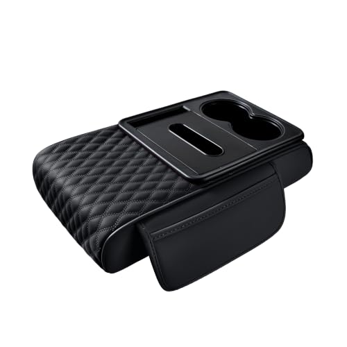 5-in-1 Car Center Console Armrest Cover Pad, Multifunctional Car Arm Rest Organizer with Cup Holder, Tissue Slot & Side Storage Pockets, Soft Leather Auto Armrest Cushion, Black (Black)