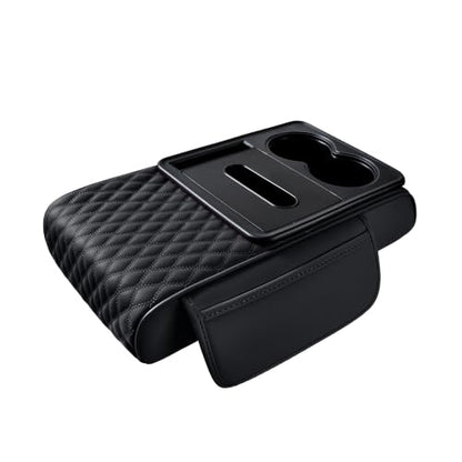 5-in-1 Car Center Console Armrest Cover Pad, Multifunctional Car Arm Rest Organizer with Cup Holder, Tissue Slot & Side Storage Pockets, Soft Leather Auto Armrest Cushion, Black (Black)