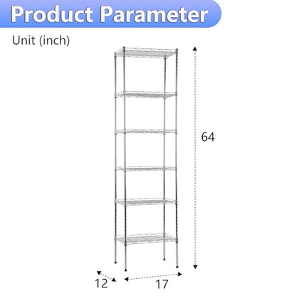 6 Tier Wire Shelf (Chrome / 17"D x 12"W x 64"H)