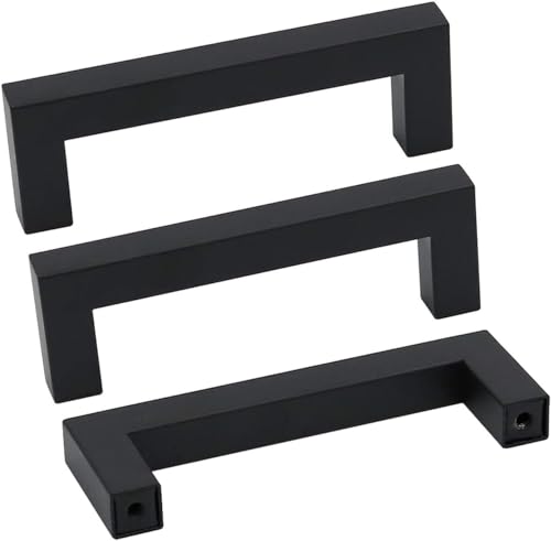 60 Pack 3 Inch Black Kitchen Cabinet Handles Square Drawer Pulls (Matte Black / 3 Inch Hole Centers)
