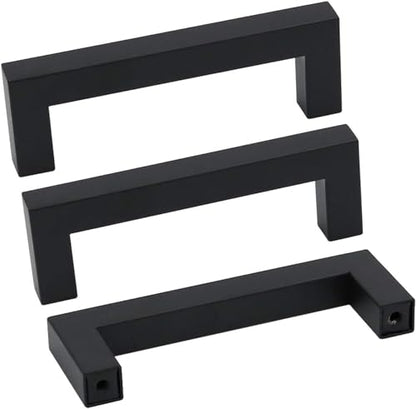 50 Pack 3 Inch Black Kitchen Cabinet Handles Square Drawer Pulls (Matte Black / 3 Inch Hole Centers)