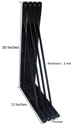 8 Pack L20 x H 12" Black Heavy Duty Shelf Brackets with Screws Metal Shelf Brackets Shelf Support Angle Brackets for Shelves L Brackets Heavy Duty Floating Shelf (8 Pack-Black / 20''x12'')