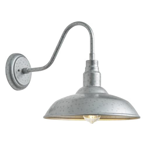 10in Outdoor Gooseneck Barn Light Silver Gray Exterior Barn Wall Sconce Farmhouse Style Outdoor Porch Wall Mount Light Brushed Silver Outside Gooseneck Lighting for Patio (Galvanized / 10" Dome)