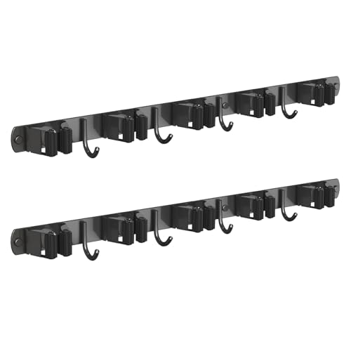 2 Pack Mop and Broom Holder Wall Mount for Kitchen Garden Garage Laundry (Black / 2 Pack 5 Racks with 4 Hooks)