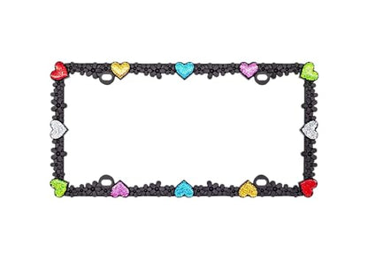 3D Shining Daisy Heart License Plate Frame from Pure Zinc Alloy Metal Perfect Plate Holder (Matt Black with Colorful Glitter, Luminously Heart)