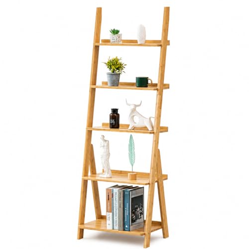 Bamboo Ladder Shelf Bookcase (5 Tier / Natural)