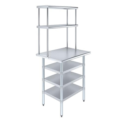 24" x 30" Stainless Steel Work Table with 3 Shelves and 12" Wide Double Tier Overshelf (24" x 30" Table with 3 Shelves + 12" Overshelf)