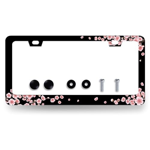 Stainless Steel Beautiful Cherry Blossom License Plate Frame 12.2 x 6.2Inch (Pretty Cherry Blossom)
