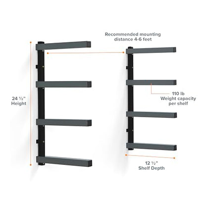 4 Level Lumber Storage Rack Wall Mount Wood Rack For Garage Organizer (Black and Gray / 4-Level)