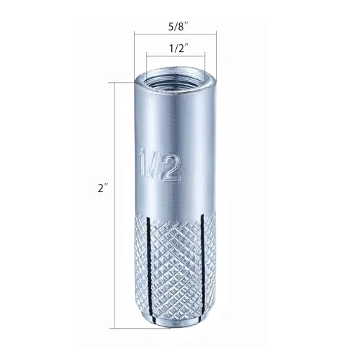 100 pcs) 1/2"-13 Premium Zinc Plated Carbon Steel Drop in Anchors Assortment, Knurled Drop-in-Anchor for Solid Concrete, Internal Forced Expansion Screw Bolts (1/2"-13 / Zinc)