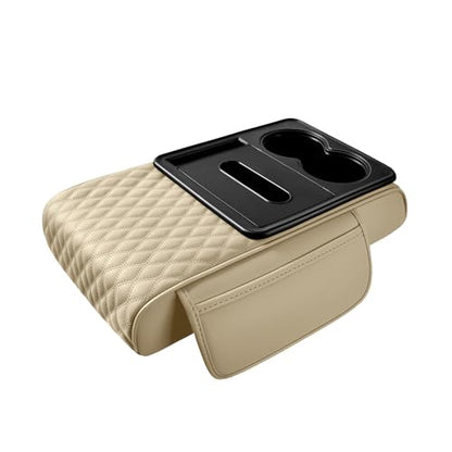 5-in-1 Car Center Console Armrest Cover Pad, Multifunctional Car Arm Rest Organizer with Cup Holder, Tissue Slot & Side Storage Pockets, Soft Leather Auto Armrest Cushion, Beige (Beige)