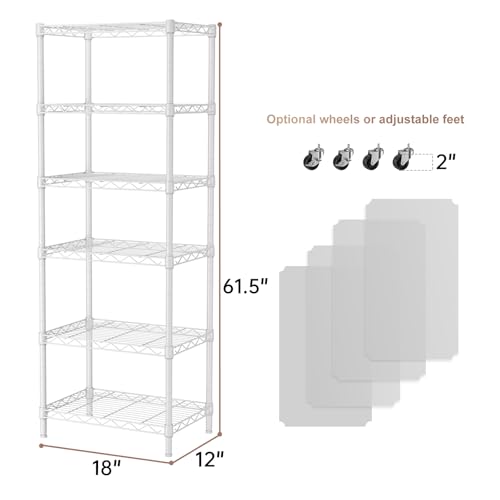 6 Small Wire Shelves Kitchen Pantry Close Home Organizers and Storage Bathroom Shelf Laundry Room Organization Adjustable Book Metal Garage Shelving Unit (White / 6-Tier 11.8"D X 17.3"W X 61.7"H)