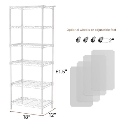 6 Small Wire Shelves Kitchen Pantry Close Home Organizers and Storage Bathroom Shelf Laundry Room Organization Adjustable Book Metal Garage Shelving Unit (White / 6-Tier 11.8"D X 17.3"W X 61.7"H)