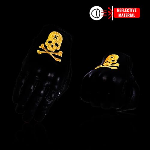 Goatskin Leather Motorcycle Motorbike Powersports Racing Gloves Reflective Skull Touchscreen for Men and Women Model (HEE4 / Small)