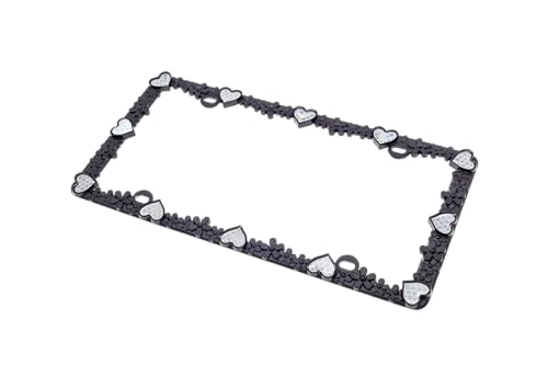 3D Daisy Heart License Plate Frame from Pure Zinc Alloy Metal Perfect Plate Holder (Matt Black with Silver Reflective Heart)