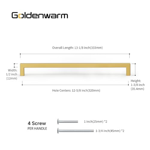 20 Pack 12-3/5" Gold Cabinet Handles Brushed Brass Drawer Pulls (Brushed Brass / 12-3/5 inch hole centers)