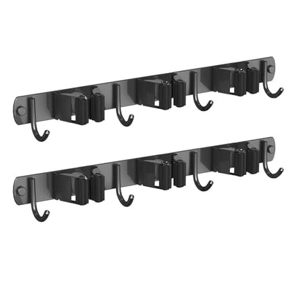 2 Pack Mop and Broom Holder Wall Mount for Kitchen Garden Garage Laundry (Black / 2 Pack 3 Racks with 4 Hooks)
