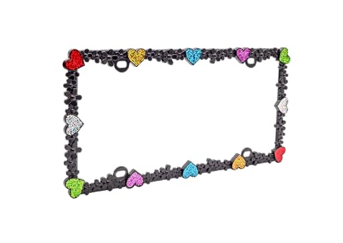 3D Shining Daisy Heart License Plate Frame from Pure Zinc Alloy Metal Perfect Plate Holder (Matt Black with Colorful Glitter, Luminously Heart)