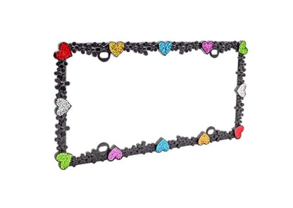 3D Shining Daisy Heart License Plate Frame from Pure Zinc Alloy Metal Perfect Plate Holder (Matt Black with Colorful Glitter, Luminously Heart)