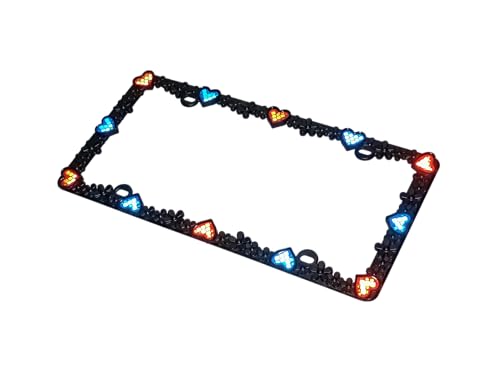 3D Daisy Heart License Plate Frame from Pure Zinc Alloy Metal Perfect Plate Holder (Matt Black with Blue and Red Reflective Heart)