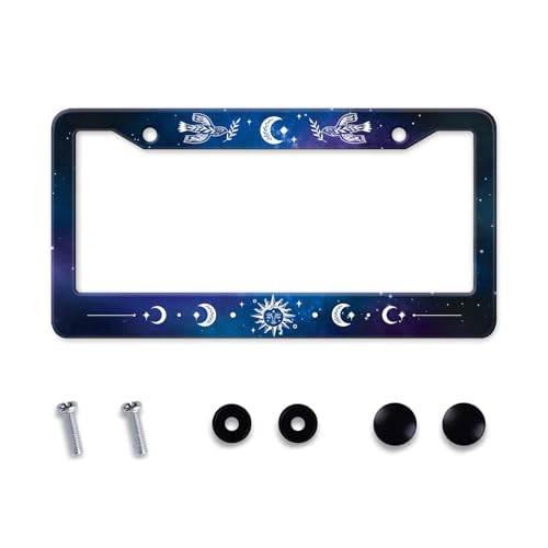 Galaxy License Plate Frame Sun Doves Moon Phase Blue Starry Sky Night Car Tag Holders Cover Metal Aluminum Rustproof Star Car Accessories for Women with Screw Caps (Starry Sky Sun Moon)