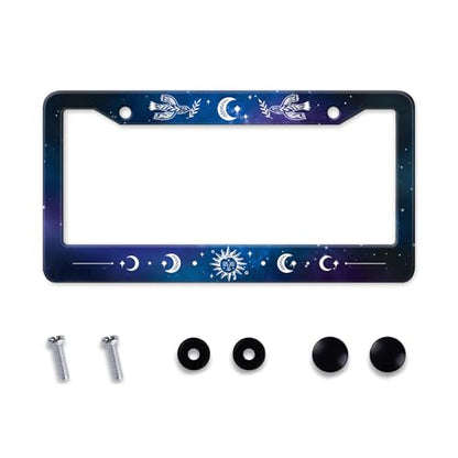 Galaxy License Plate Frame Sun Doves Moon Phase Blue Starry Sky Night Car Tag Holders Cover Metal Aluminum Rustproof Star Car Accessories for Women with Screw Caps (Starry Sky Sun Moon)
