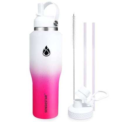 32oz Water Bottle Wide Mouth Stainless Steel Vacuum Insulated Double Wall with 2 Straw Lids Fit in Any Car Cup Holder TXIN (White&Pink / 32 Ounces)