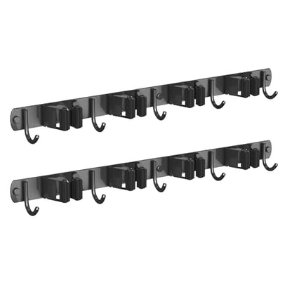 2 Pack Mop and Broom Holder Wall Mount for Kitchen Garden Garage Laundry (Black / 2 Pack 4 Racks with 5 Hooks)