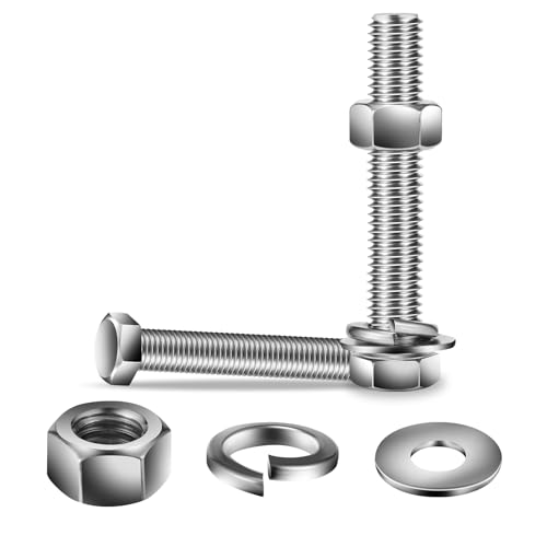 3/8-16 x 5" Hex Head Screw Bolt, Nuts, Flat & Lock Washers, 10Pcs 18-8 (304) Stainless Steel, Fully Threaded, by SG TZH (3/8-16 x 5" / Silver)