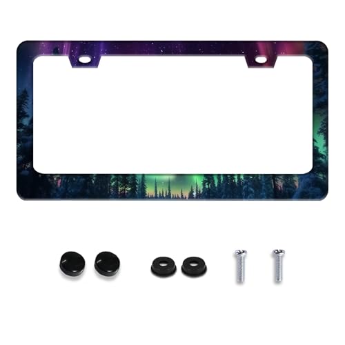 Starry Sky Aurora Forest License Plate Frame Stainless Steel with Screws (Aurora Forest)
