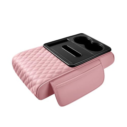 5-in-1 Car Center Console Armrest Cover Pad, Multifunctional Car Arm Rest Organizer with Cup Holder, Tissue Slot & Side Storage Pockets, Soft Leather Auto Armrest Cushion, Pink (Pink)